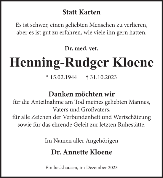 Traueranzeige von Henning-Rudger Kloene von Neue Deister-Zeitung