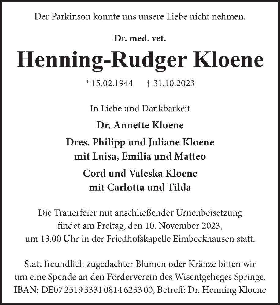  Traueranzeige für Henning-Rudger Kloene vom 04.11.2023 aus Neue Deister-Zeitung
