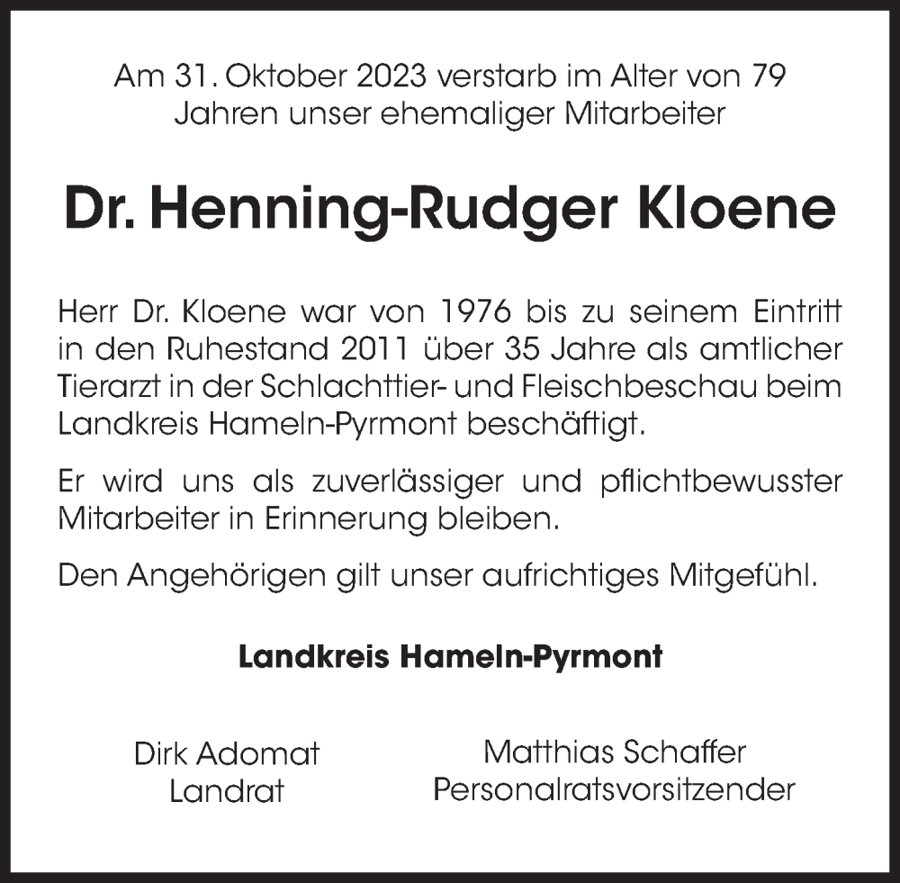  Traueranzeige für Henning-Rudger Kloene vom 17.11.2023 aus Deister- und Weserzeitung
