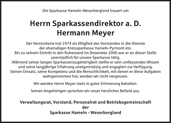 Traueranzeige von Hermann Meyer von Deister- und Weserzeitung