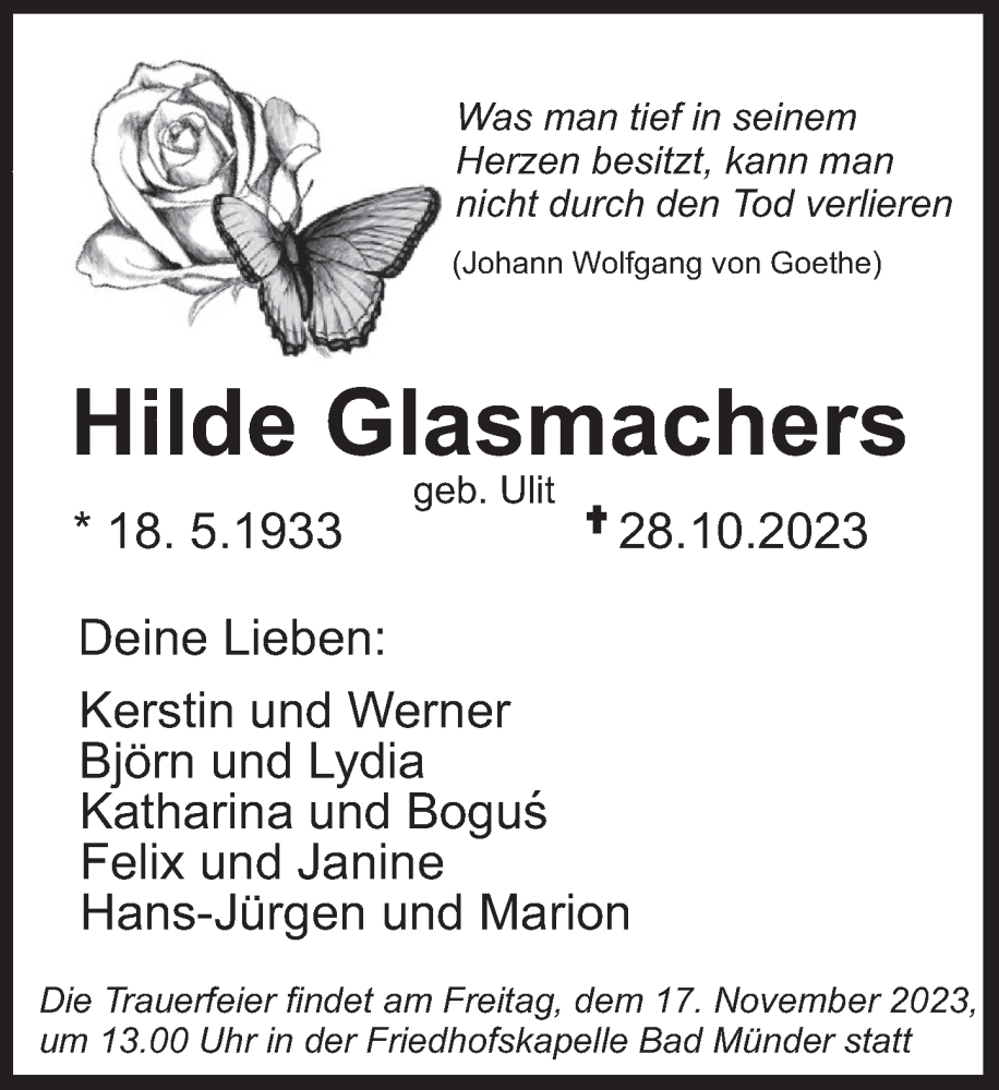  Traueranzeige für Hilde Glasmachers vom 11.11.2023 aus Neue Deister-Zeitung
