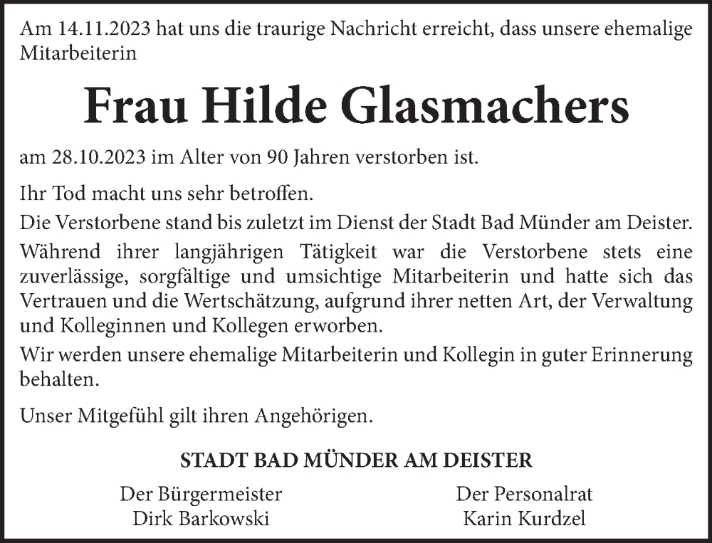  Traueranzeige für Hilde Glasmachers vom 18.11.2023 aus Neue Deister-Zeitung