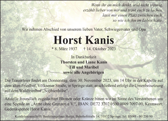 Traueranzeige von Horst Kanis