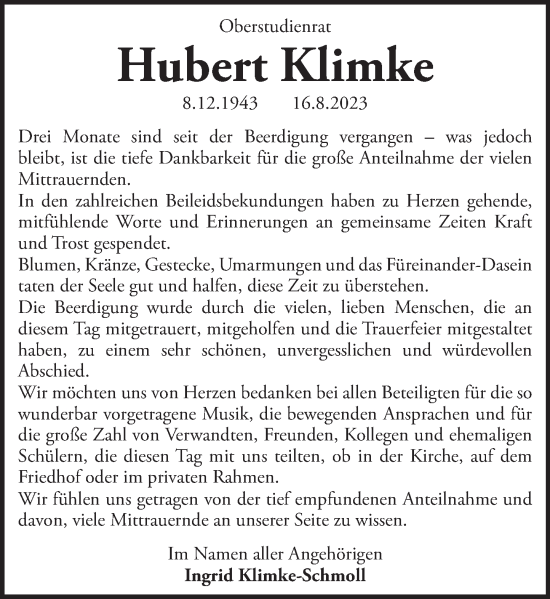 Traueranzeige von Hubert Klimke von Neue Deister-Zeitung