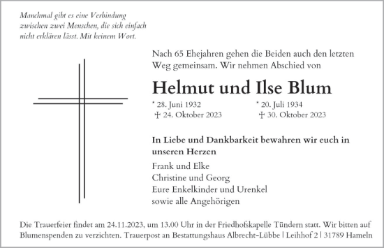Traueranzeige von Ilse Blum von Deister- und Weserzeitung