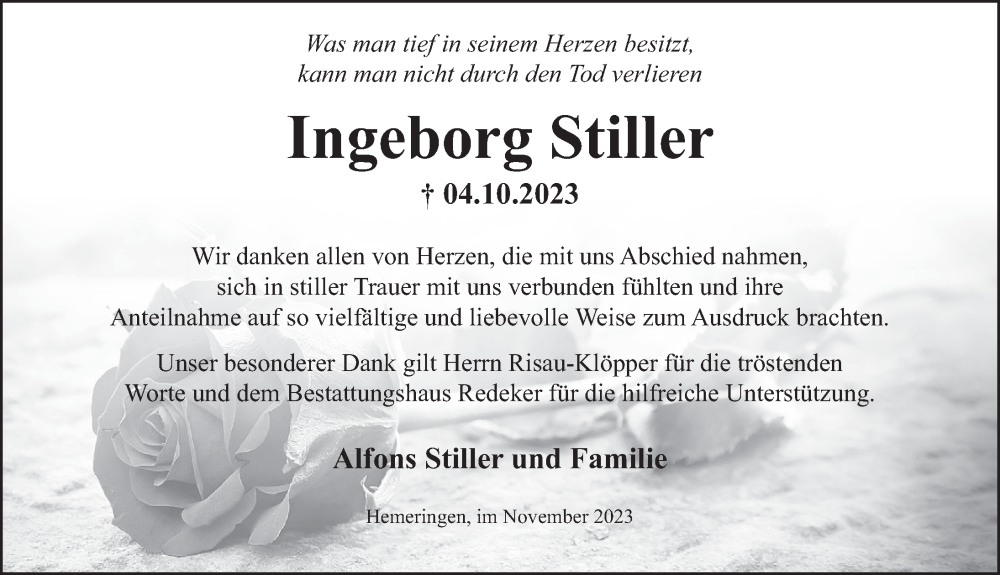  Traueranzeige für Ingeborg Stiller vom 18.11.2023 aus Deister- und Weserzeitung