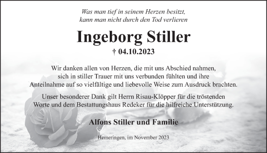 Traueranzeige von Ingeborg Stiller von Deister- und Weserzeitung