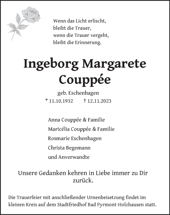 Traueranzeige von Ingeborg Margarete Couppée von Deister- und Weserzeitung
