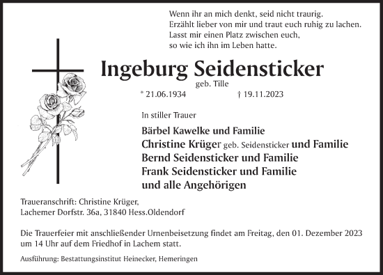 Traueranzeige von Ingeburg Seidensticker von Deister- und Weserzeitung