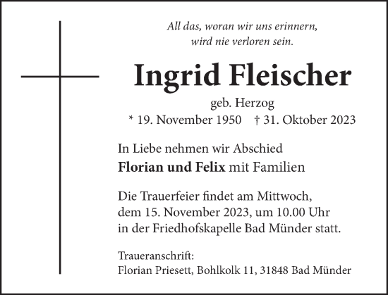 Traueranzeige von Ingrid Fleischer von Neue Deister-Zeitung