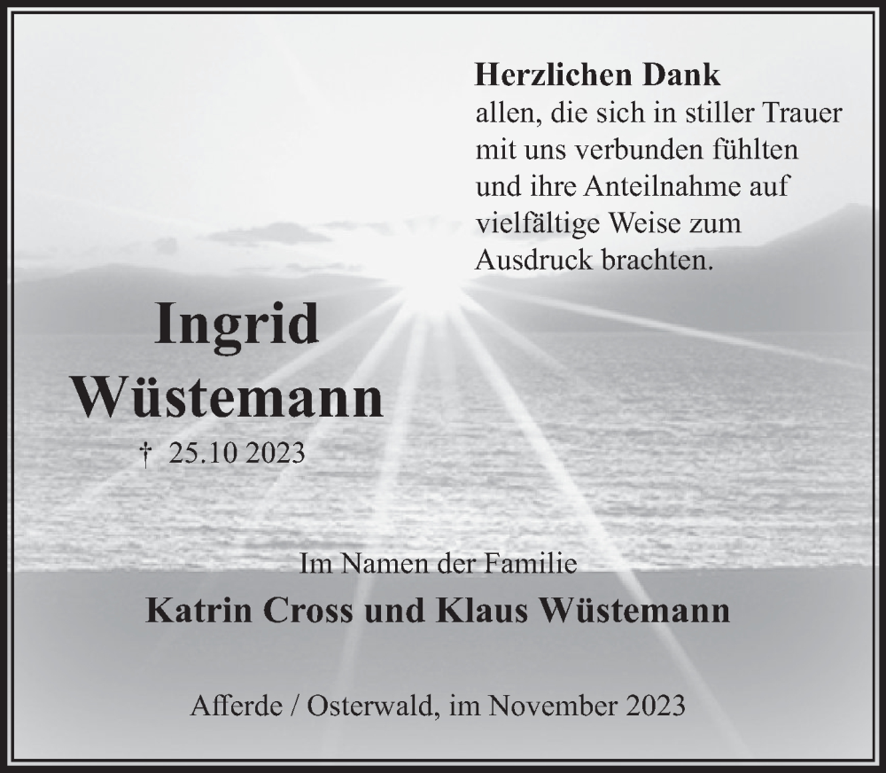  Traueranzeige für Ingrid Wüstemann vom 22.11.2023 aus Deister- und Weserzeitung