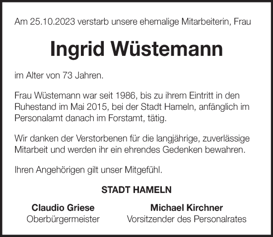Traueranzeige von Ingrid Wüstemann von Deister- und Weserzeitung
