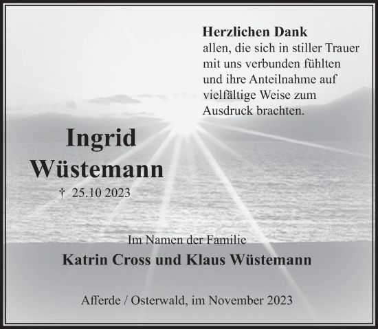 Traueranzeige von Ingrid Wüstemann von Deister- und Weserzeitung