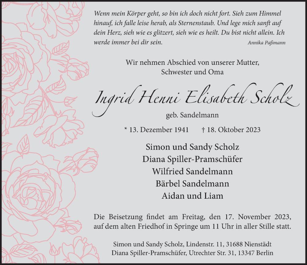  Traueranzeige für Ingrid Henni Elisabeth Scholz vom 11.11.2023 aus Neue Deister-Zeitung