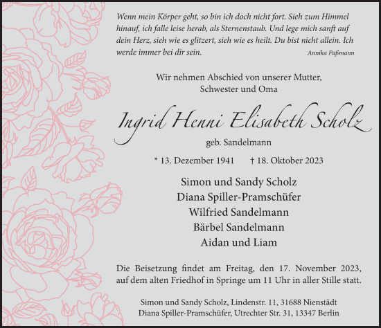 Traueranzeige von Ingrid Henni Elisabeth Scholz von Neue Deister-Zeitung