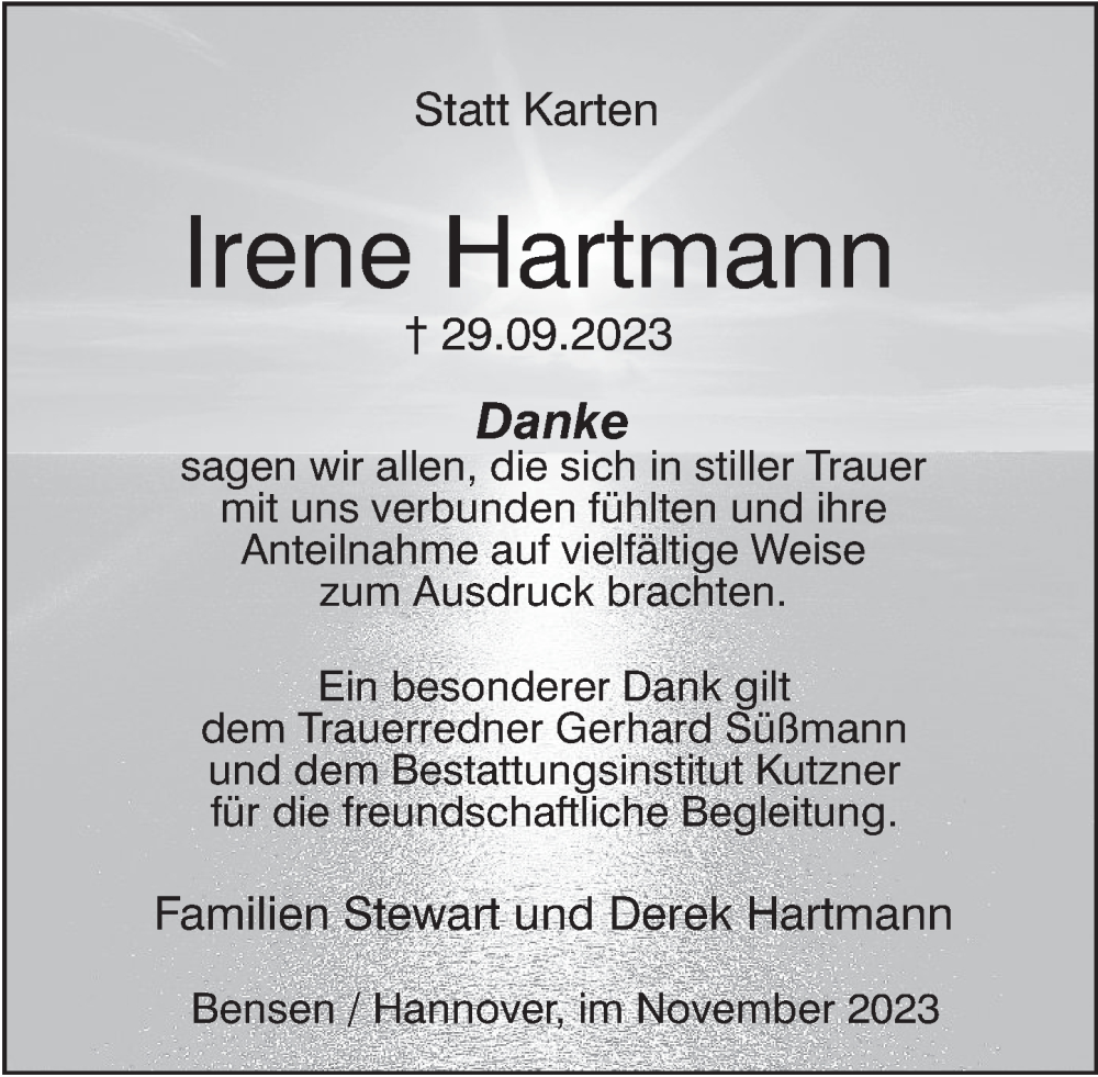  Traueranzeige für Irene Hartmann vom 25.11.2023 aus Deister- und Weserzeitung