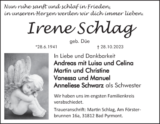 Traueranzeige von Irene Schlag von Deister- und Weserzeitung