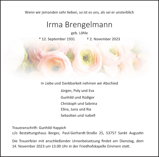 Traueranzeige von Irma Brengelmann von Deister- und Weserzeitung