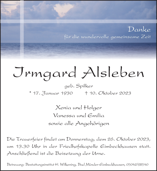 Traueranzeige von Irmgard Alsleben von Neue Deister-Zeitung