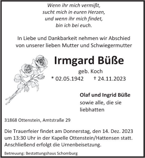 Traueranzeige von Irmgard Büße von Deister- und Weserzeitung