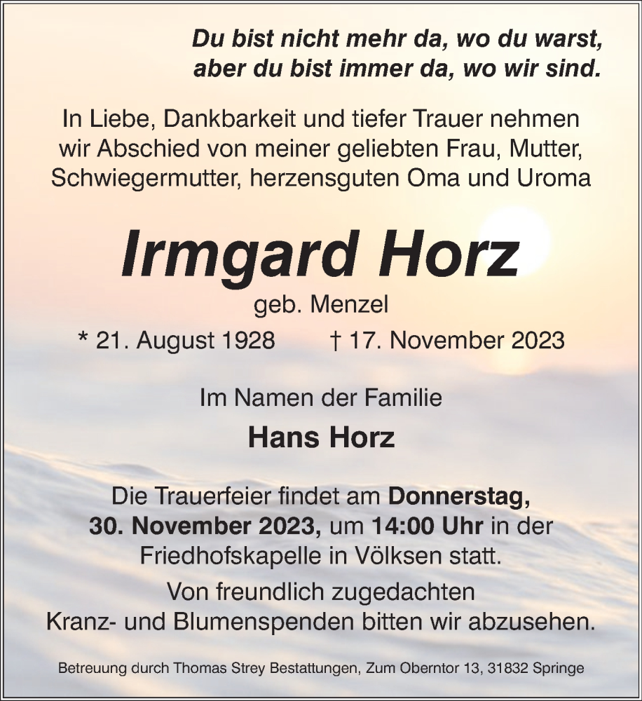  Traueranzeige für Irmgard Horz vom 25.11.2023 aus Neue Deister-Zeitung