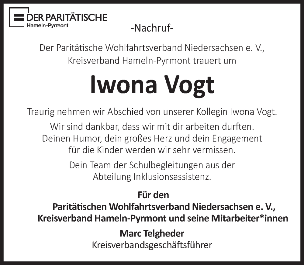  Traueranzeige für Iwona Vogt vom 18.11.2023 aus Deister- und Weserzeitung