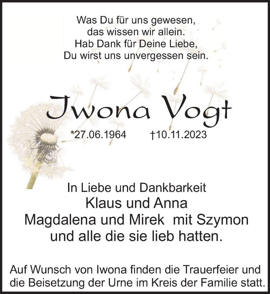  Traueranzeige für Iwona Vogt vom 18.11.2023 aus Deister- und Weserzeitung