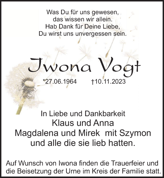 Traueranzeige von Iwona Vogt von Deister- und Weserzeitung