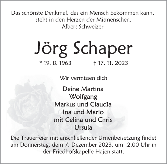 Traueranzeige von Jörg Schaper von Deister- und Weserzeitung
