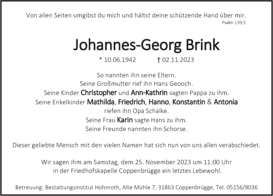 Traueranzeige von Johannes-Georg Brink von Deister- und Weserzeitung