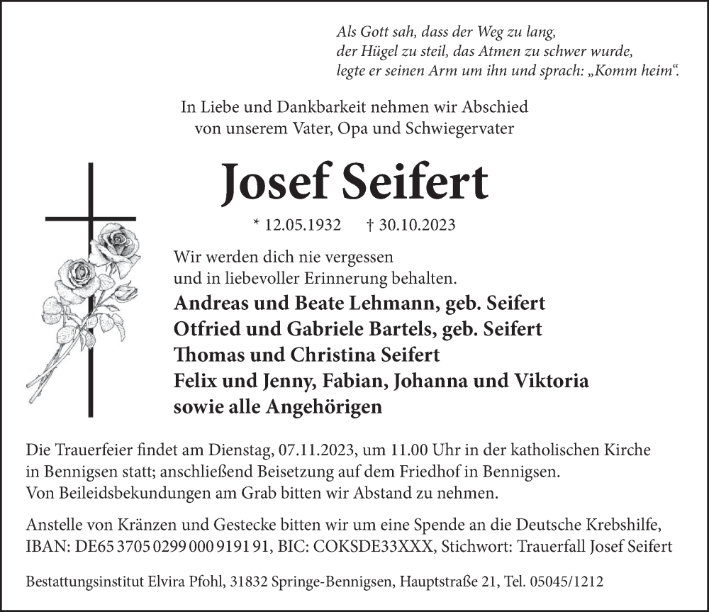  Traueranzeige für Josef Seifert vom 04.11.2023 aus Neue Deister-Zeitung