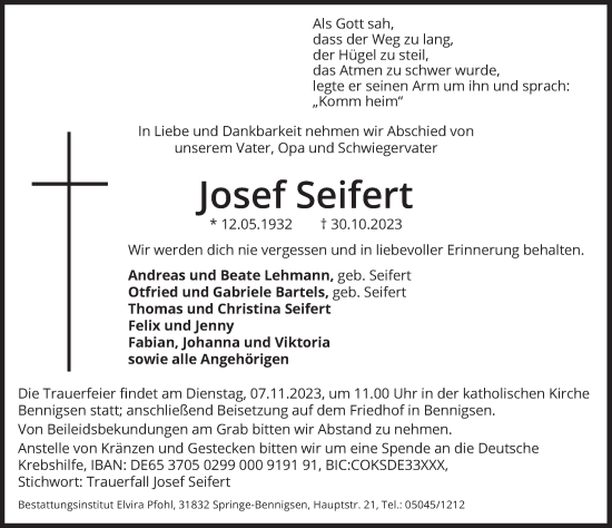 Traueranzeige von Josef Seifert von Neue Deister-Zeitung