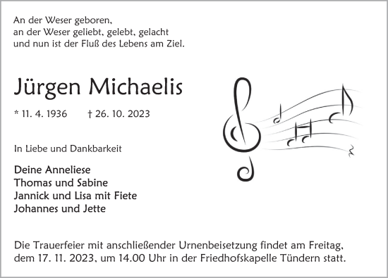 Traueranzeige von Jürgen Michaelis von Deister- und Weserzeitung