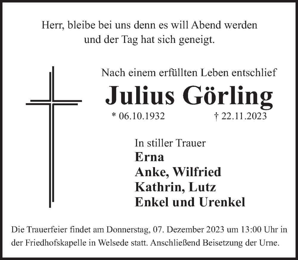  Traueranzeige für Julius Görling vom 02.12.2023 aus Deister- und Weserzeitung