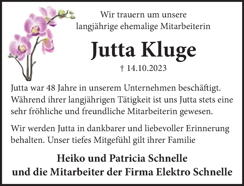  Traueranzeige für Jutta Kluge vom 04.11.2023 aus Neue Deister-Zeitung