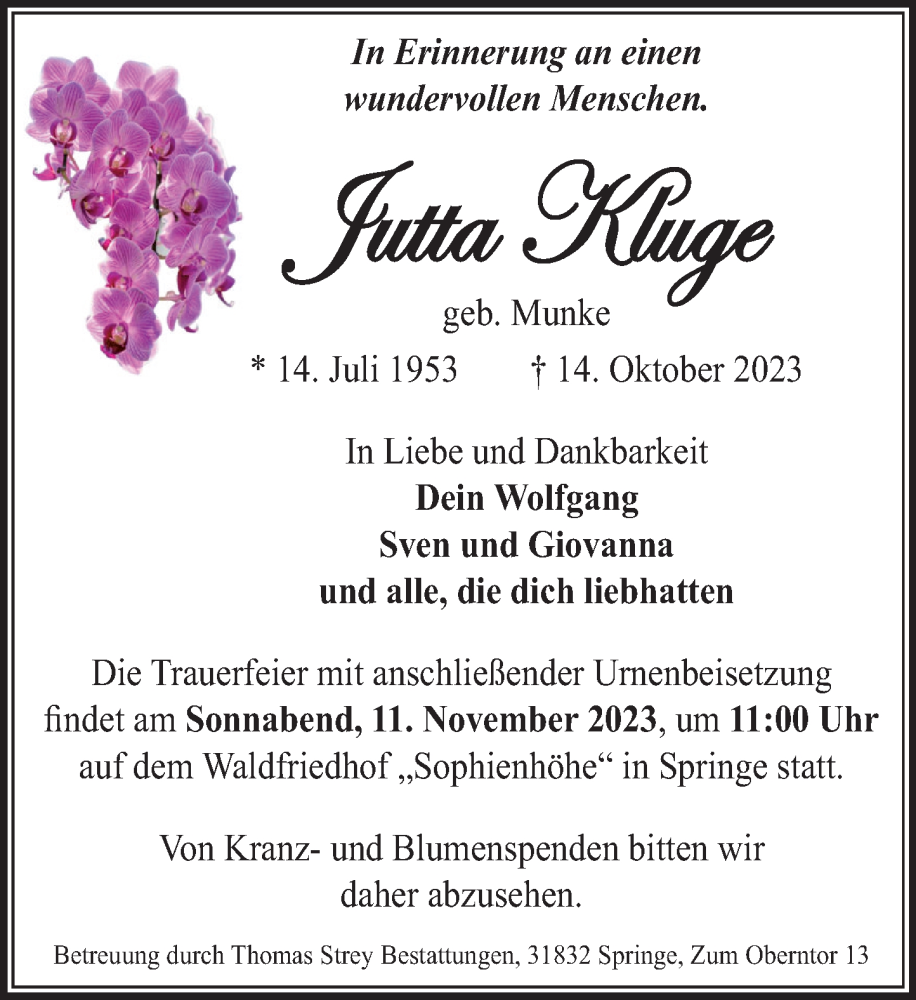  Traueranzeige für Jutta Kluge vom 04.11.2023 aus Neue Deister-Zeitung