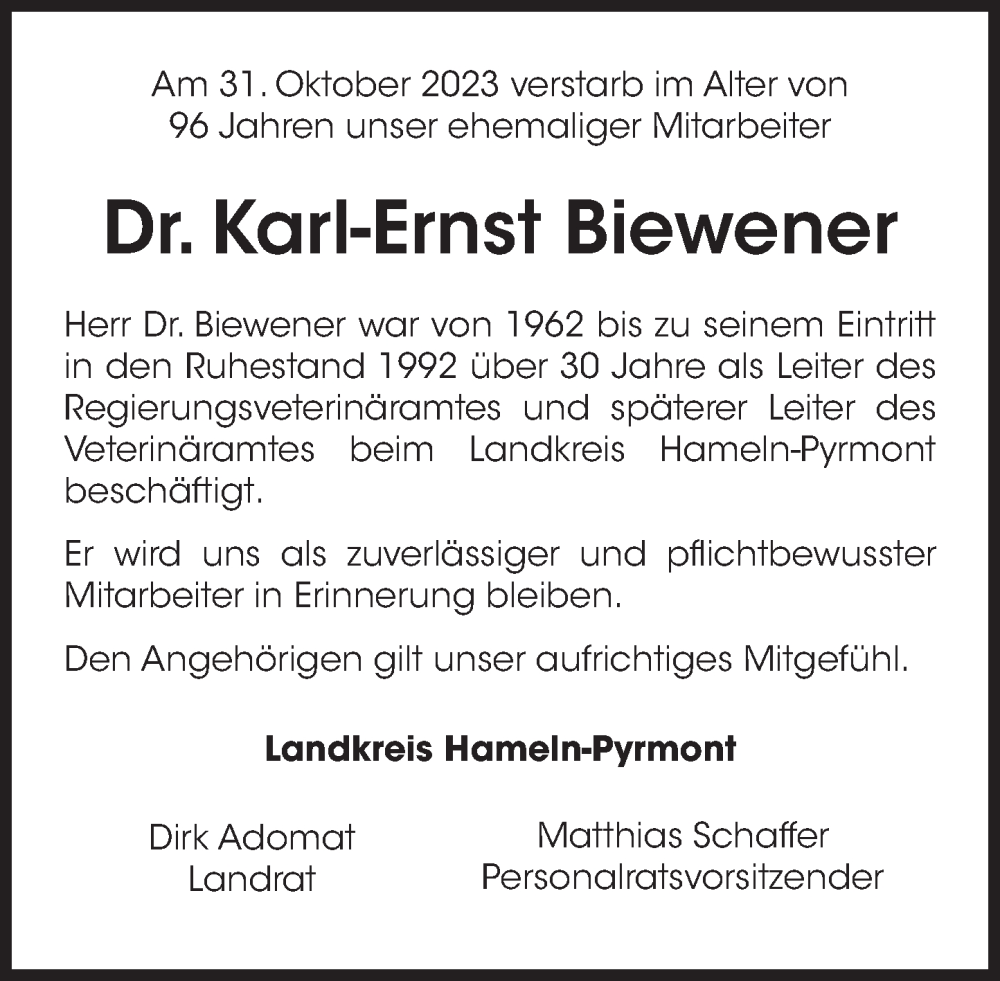  Traueranzeige für Karl-Ernst Biewener vom 17.11.2023 aus Deister- und Weserzeitung