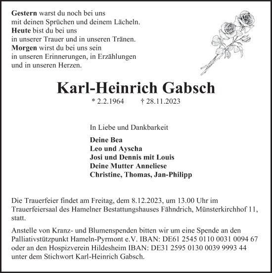 Traueranzeige von Karl-Heinrich  Gabsch von Deister- und Weserzeitung