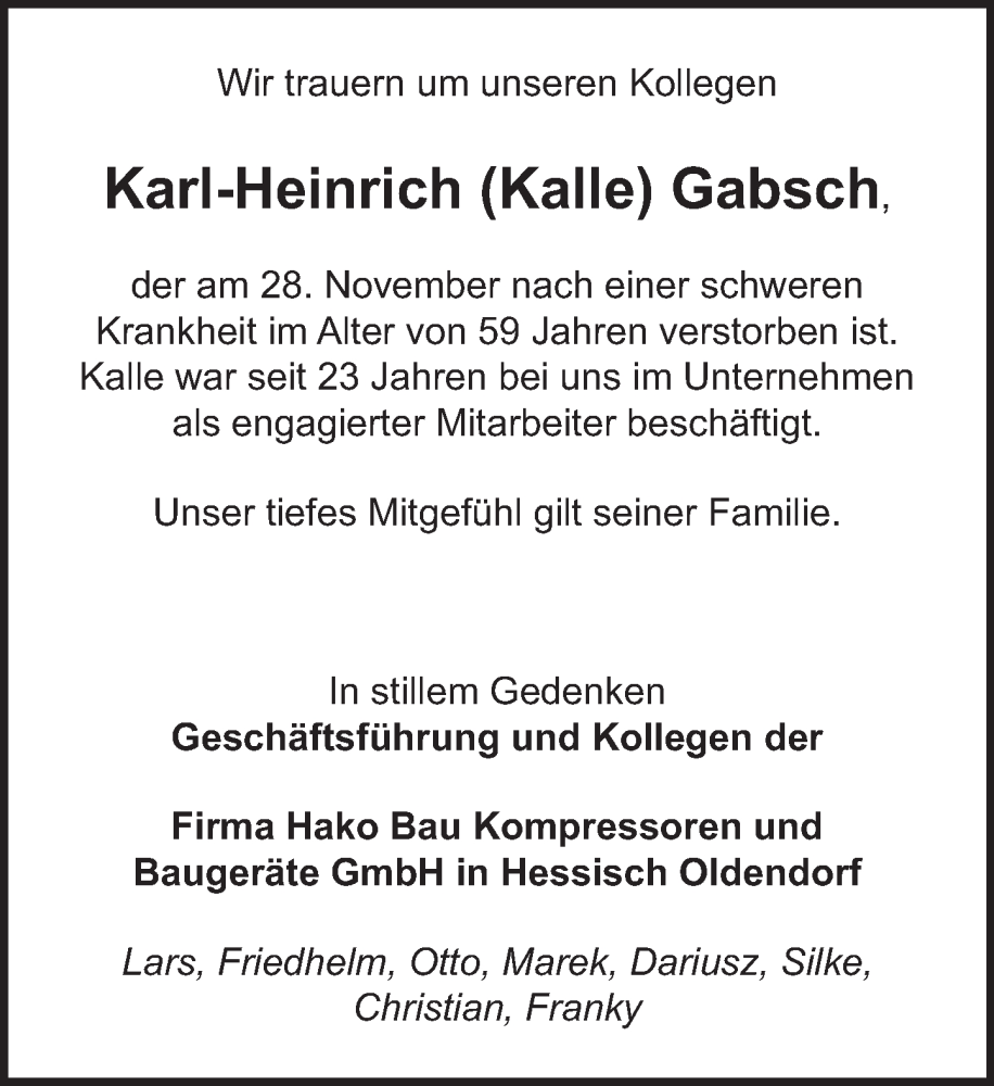  Traueranzeige für Karl-Heinrich  Gabsch vom 02.12.2023 aus Deister- und Weserzeitung