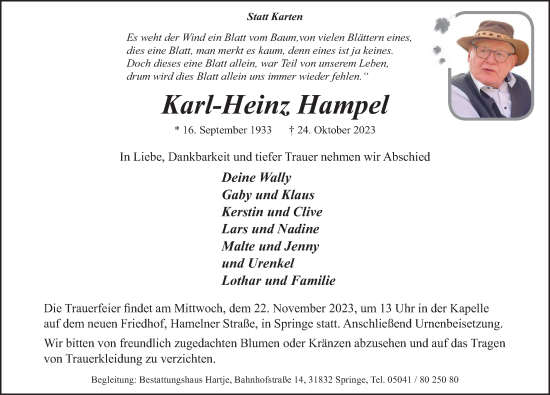 Traueranzeige von Karl-Heinz Hampel