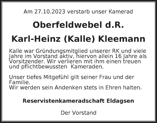 Traueranzeige von Karl-Heinz Kleemann von Deister- und Weserzeitung
