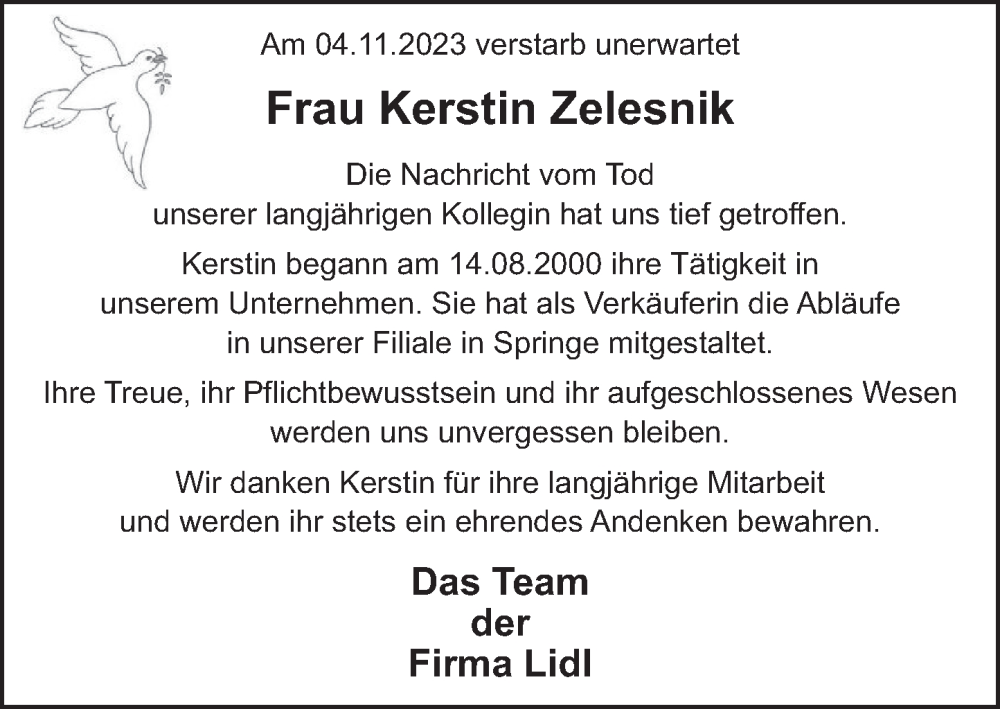  Traueranzeige für Kerstin Zelesnik vom 15.11.2023 aus Neue Deister-Zeitung