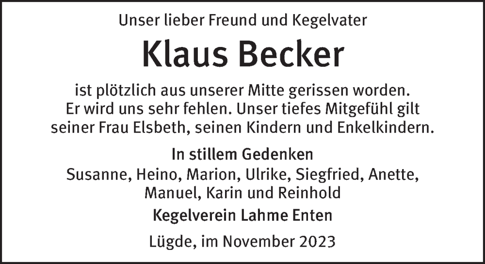  Traueranzeige für Klaus Becker vom 02.12.2023 aus Deister- und Weserzeitung