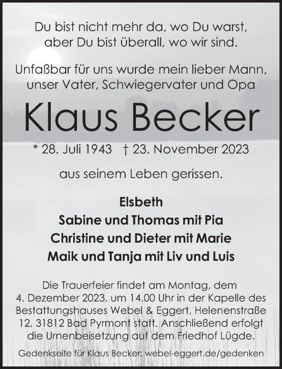 Traueranzeige von Klaus Becker von Deister- und Weserzeitung