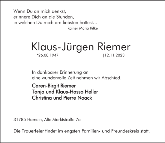 Traueranzeige von Klaus-Jürgen Riemer von Deister- und Weserzeitung