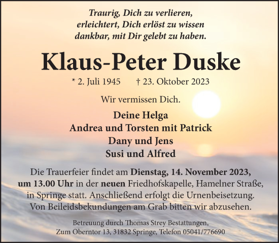 Traueranzeige von Klaus-Peter Duske von Neue Deister-Zeitung