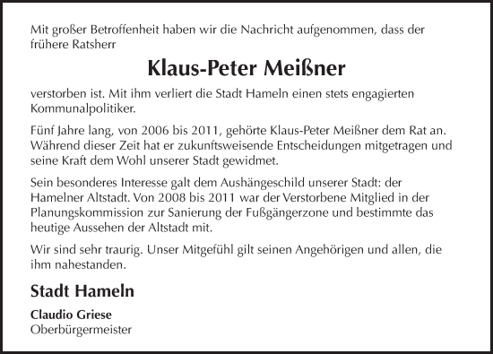 Traueranzeige von Klaus-Peter Meißner von Deister- und Weserzeitung