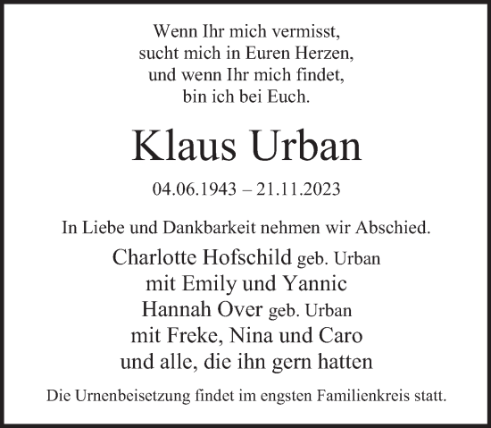 Traueranzeige von Klaus Urban von Deister- und Weserzeitung