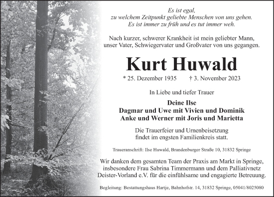 Traueranzeige von Kurt Huwald von Neue Deister-Zeitung