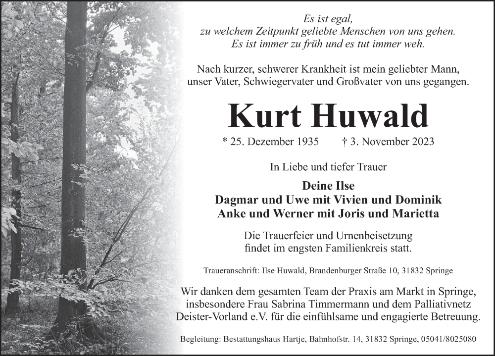  Traueranzeige für Kurt Huwald vom 11.11.2023 aus Neue Deister-Zeitung